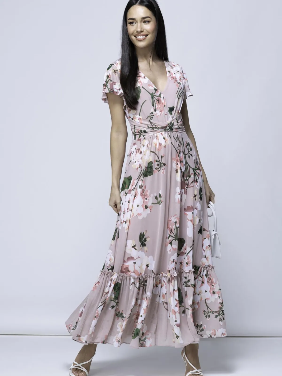 Jolie Moi Occasion Dresses-Kailee Mesh Floral Print Maxi Dress, Dusty Pink