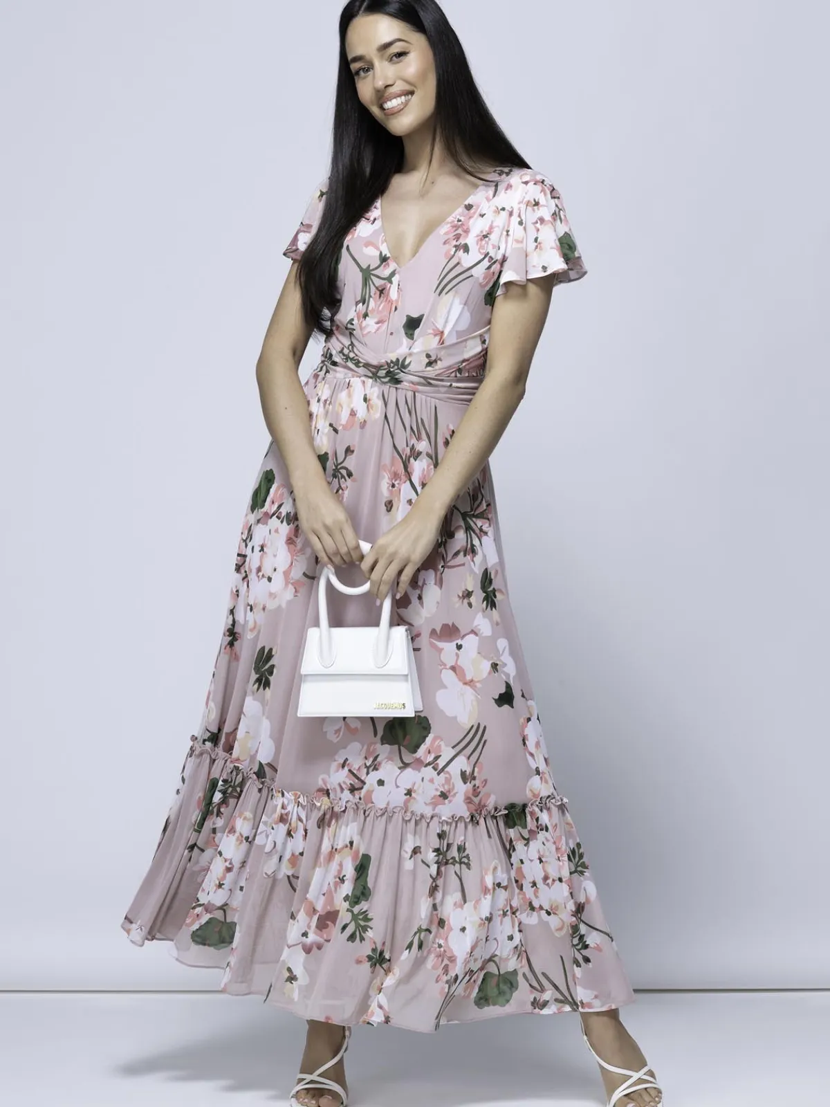 Jolie Moi Occasion Dresses-Kailee Mesh Floral Print Maxi Dress, Dusty Pink
