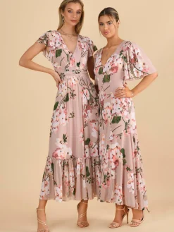 Jolie Moi Occasion Dresses-Kailee Mesh Floral Print Maxi Dress, Dusty Pink