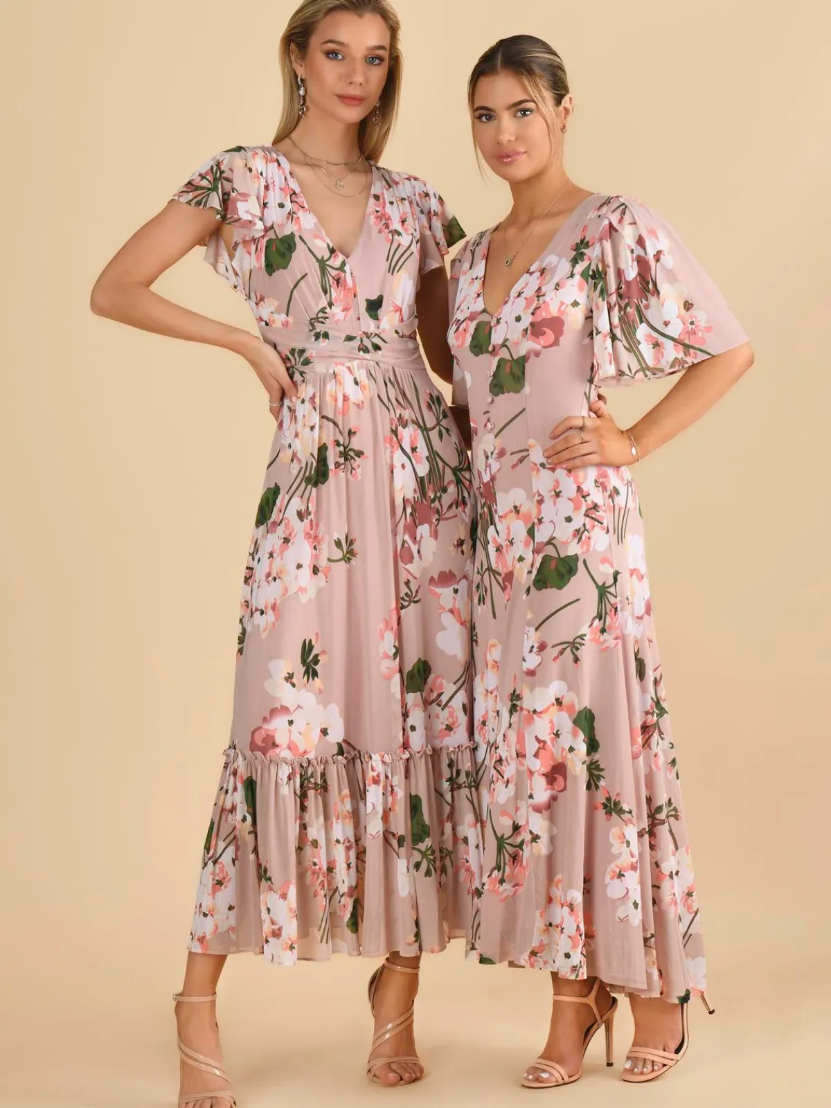 Jolie Moi Occasion Dresses-Kailee Mesh Floral Print Maxi Dress, Dusty Pink