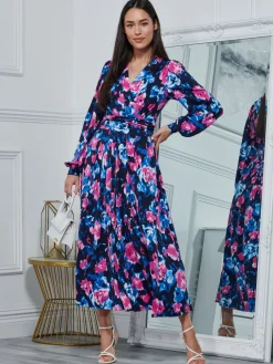 Jolie Moi Occasion Dresses|Floral Dresses-Kamille Floral Long Sleeve Dress, Navy Floral