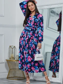 Jolie Moi Occasion Dresses|Floral Dresses-Kamille Floral Long Sleeve Dress, Navy Floral