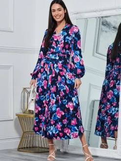 Jolie Moi Occasion Dresses|Floral Dresses-Kamille Floral Long Sleeve Dress, Navy Floral