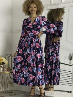 Jolie Moi Occasion Dresses|Floral Dresses-Kamille Floral Long Sleeve Dress, Navy Floral