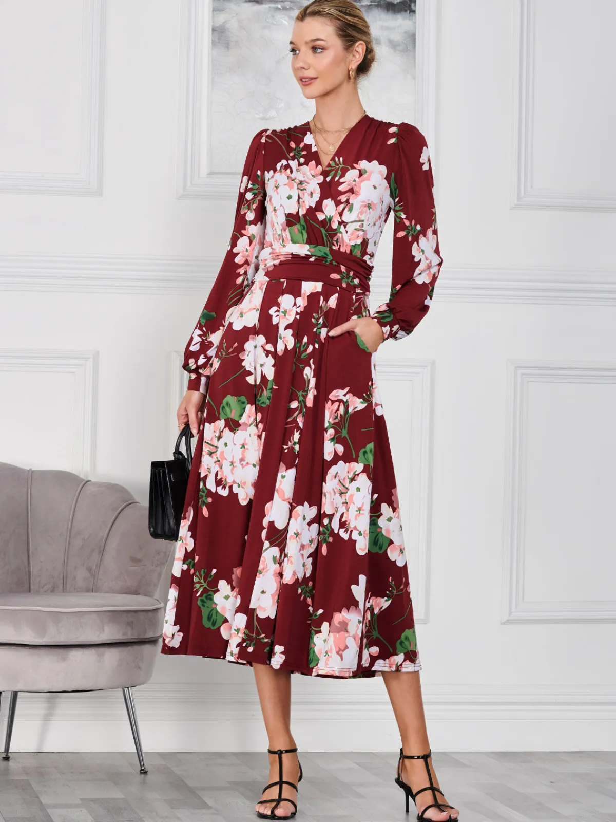 Jolie Moi Occasion Dresses|Floral Dresses-Kamille Long Sleeve Dress, Dark Red