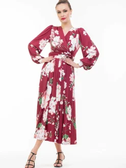 Jolie Moi Occasion Dresses|Floral Dresses-Kamille Long Sleeve Dress, Dark Red