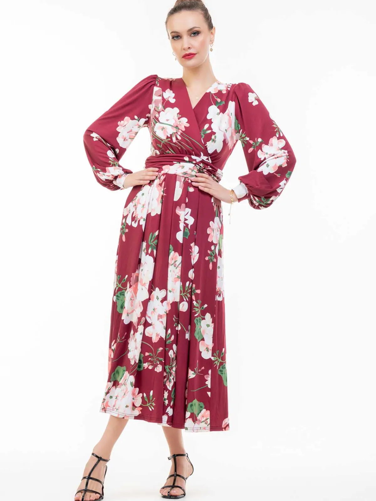 Jolie Moi Occasion Dresses|Floral Dresses-Kamille Long Sleeve Dress, Dark Red