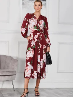 Jolie Moi Occasion Dresses|Floral Dresses-Kamille Long Sleeve Dress, Dark Red
