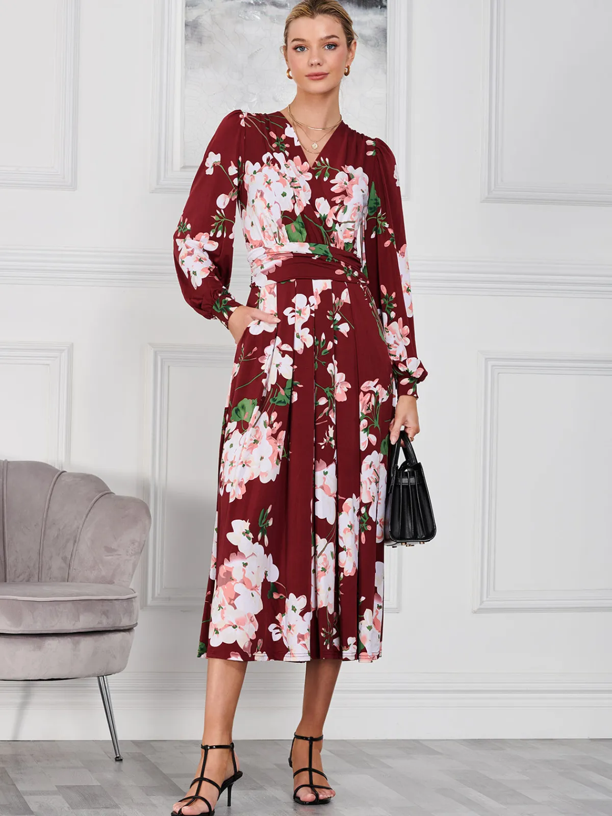 Jolie Moi Occasion Dresses|Floral Dresses-Kamille Long Sleeve Dress, Dark Red