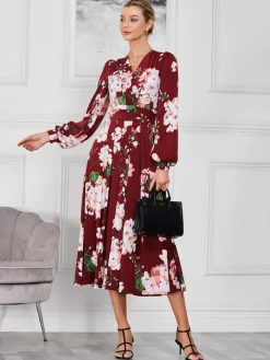 Jolie Moi Occasion Dresses|Floral Dresses-Kamille Long Sleeve Dress, Dark Red