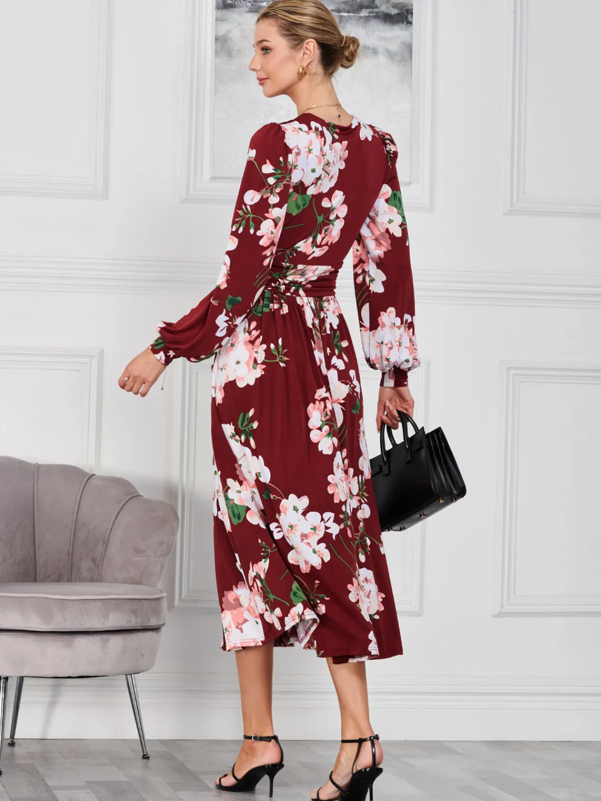 Jolie Moi Occasion Dresses|Floral Dresses-Kamille Long Sleeve Dress, Dark Red