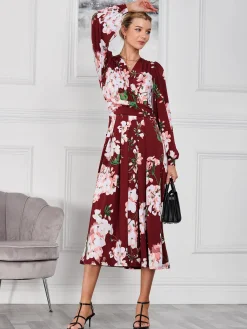 Jolie Moi Occasion Dresses|Floral Dresses-Kamille Long Sleeve Dress, Dark Red