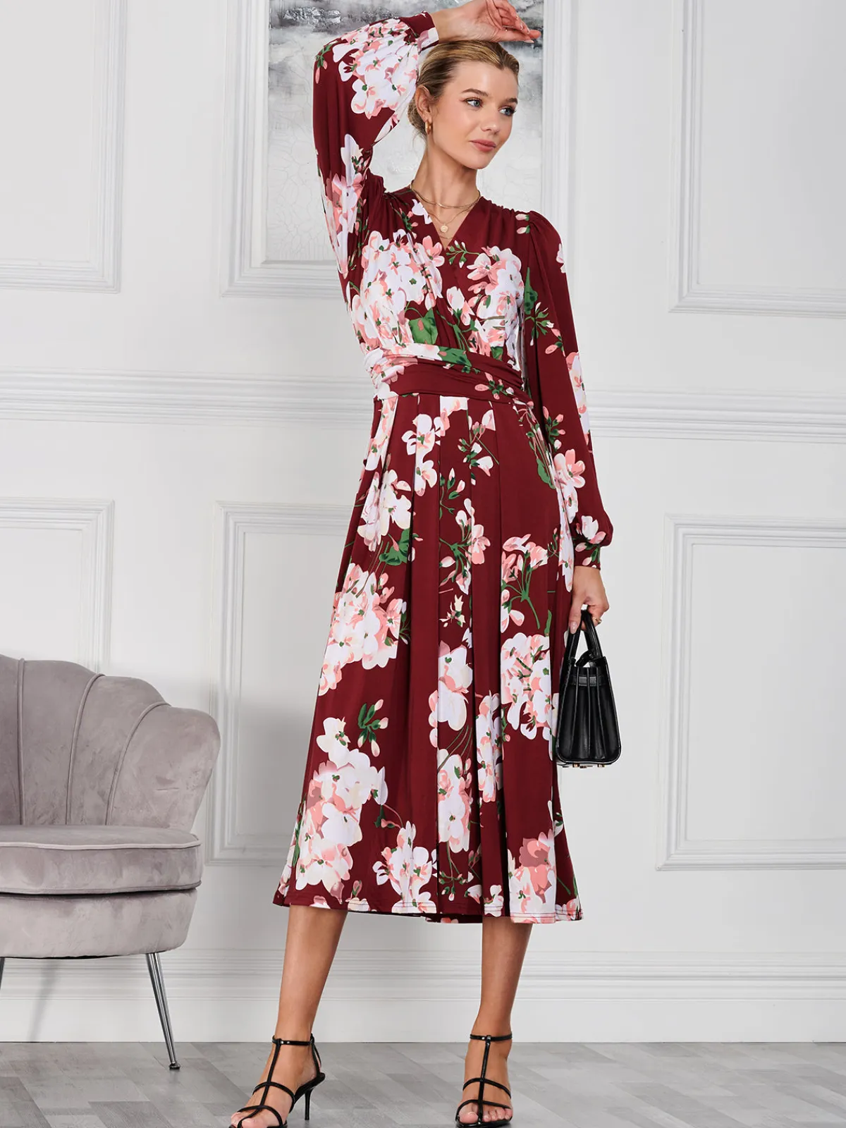 Jolie Moi Occasion Dresses|Floral Dresses-Kamille Long Sleeve Dress, Dark Red