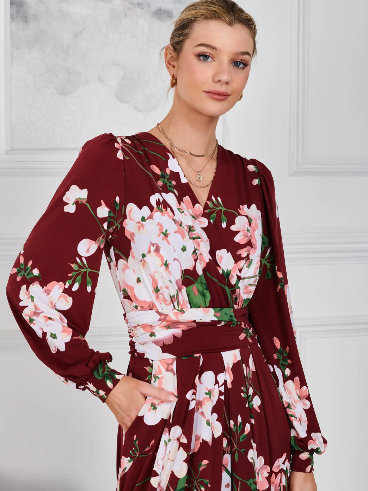 Jolie Moi Occasion Dresses|Floral Dresses-Kamille Long Sleeve Dress, Dark Red