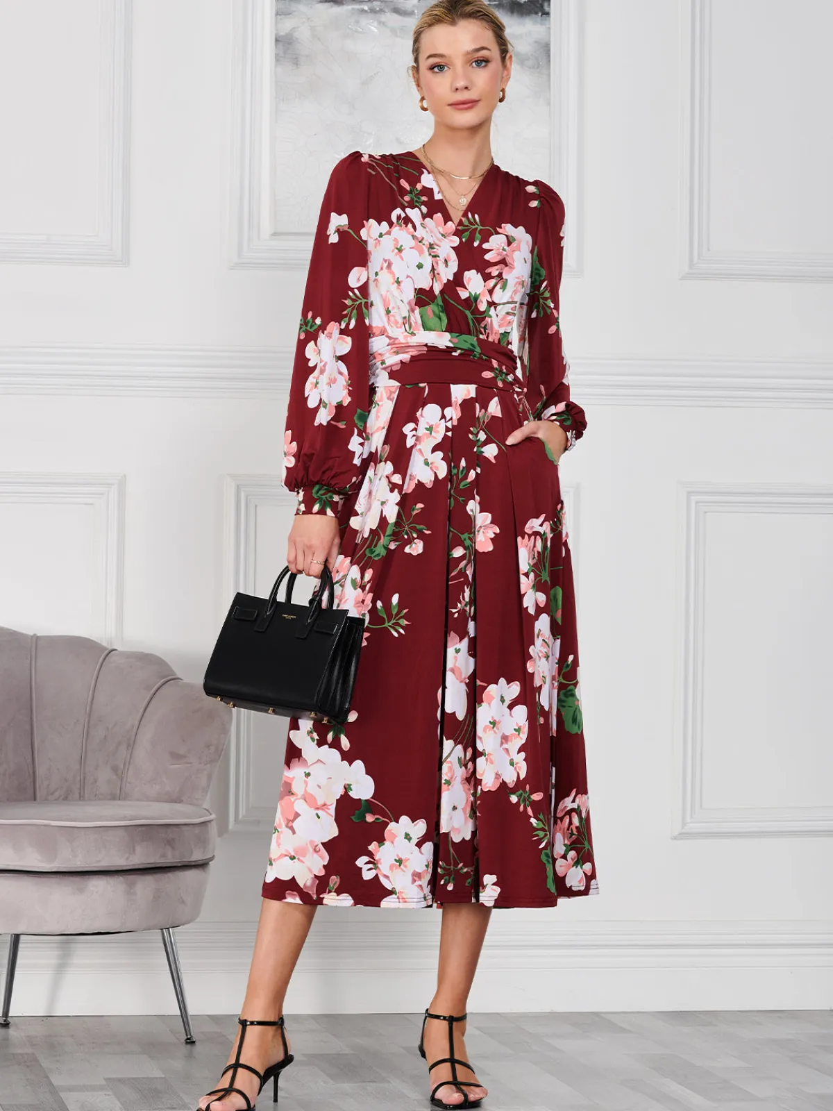 Jolie Moi Occasion Dresses|Floral Dresses-Kamille Long Sleeve Dress, Dark Red