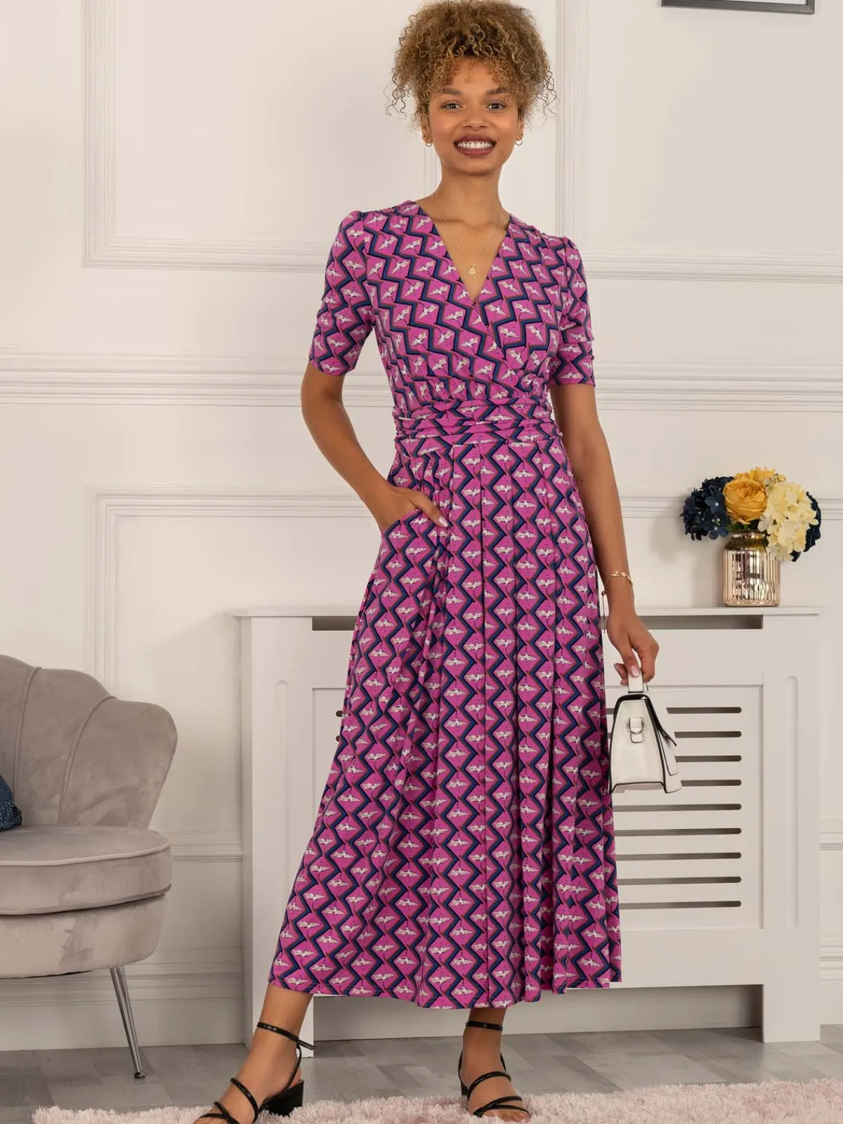 Jolie Moi Occasion Dresses|Weekend Casuals-Katherine Half Sleeve Maxi Dress, Pink Multi