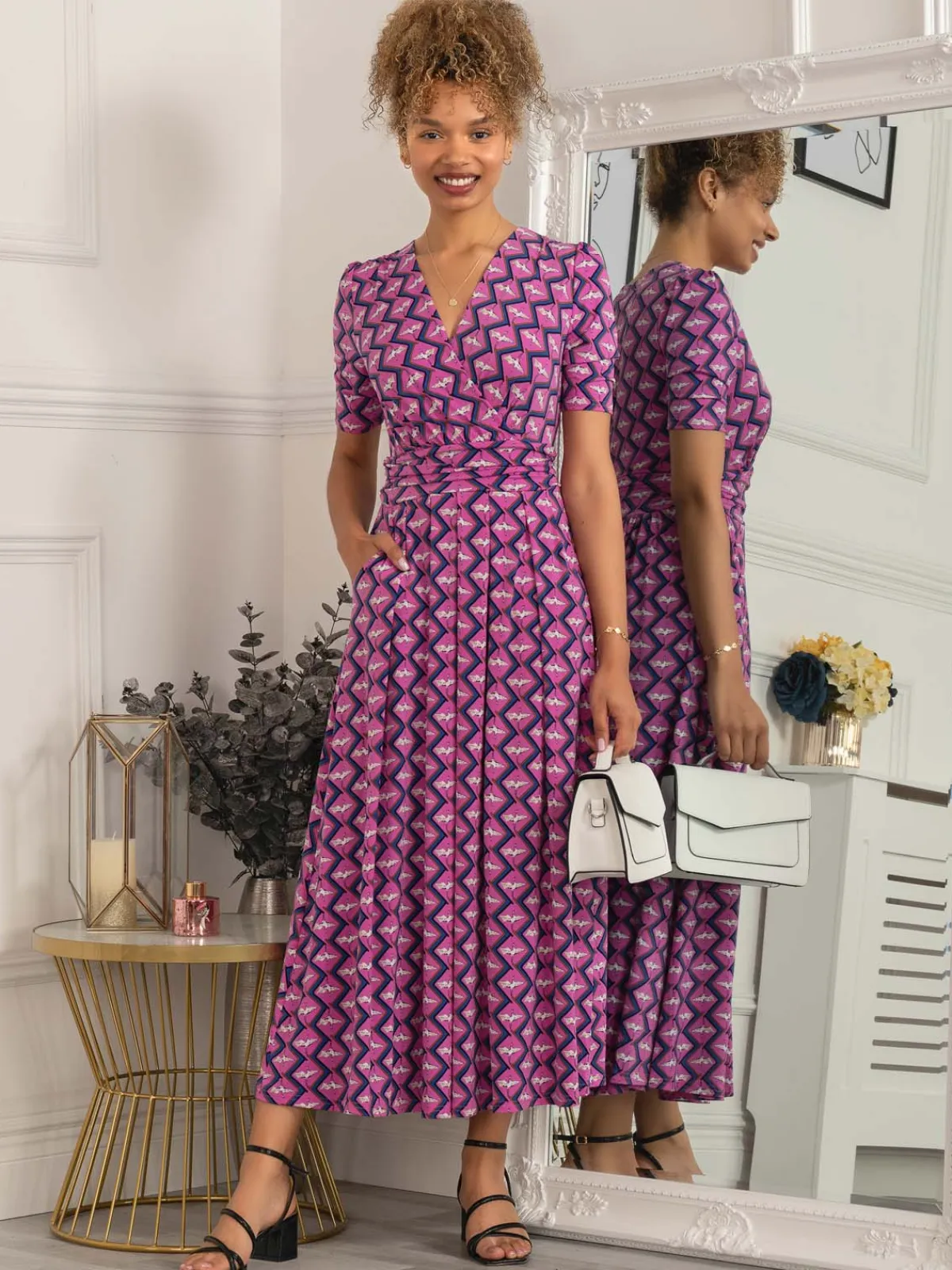 Jolie Moi Occasion Dresses|Weekend Casuals-Katherine Half Sleeve Maxi Dress, Pink Multi