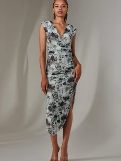 Jolie Moi Occasion Dresses|Sleeveless Dresses-Katrina Sleeveless Ruched Bodycon Dress, Grey Abstract