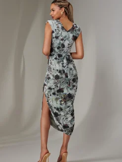 Jolie Moi Occasion Dresses|Sleeveless Dresses-Katrina Sleeveless Ruched Bodycon Dress, Grey Abstract