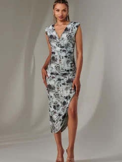 Jolie Moi Occasion Dresses|Sleeveless Dresses-Katrina Sleeveless Ruched Bodycon Dress, Grey Abstract