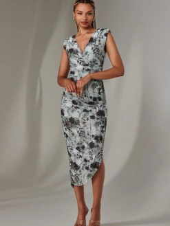 Jolie Moi Occasion Dresses|Sleeveless Dresses-Katrina Sleeveless Ruched Bodycon Dress, Grey Abstract