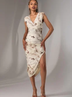 Jolie Moi Occasion Dresses|Sleeveless Dresses-Katrina Sleeveless Ruched Bodycon Dress, Khaki Abstract