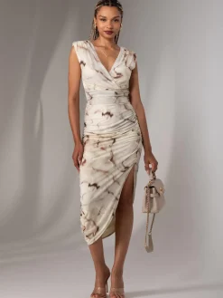 Jolie Moi Occasion Dresses|Sleeveless Dresses-Katrina Sleeveless Ruched Bodycon Dress, Khaki Abstract