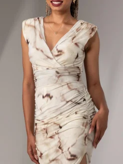 Jolie Moi Occasion Dresses|Sleeveless Dresses-Katrina Sleeveless Ruched Bodycon Dress, Khaki Abstract