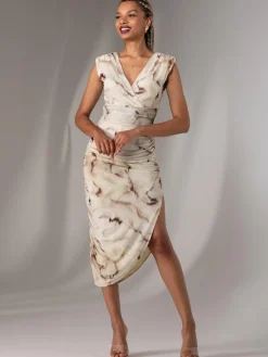 Jolie Moi Occasion Dresses|Sleeveless Dresses-Katrina Sleeveless Ruched Bodycon Dress, Khaki Abstract