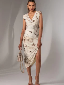Jolie Moi Occasion Dresses|Sleeveless Dresses-Katrina Sleeveless Ruched Bodycon Dress, Khaki Abstract
