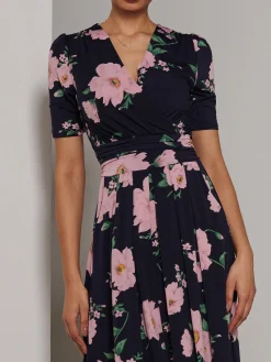 Jolie Moi Occasion Dresses|Floral Dresses-Kenzie Half Sleeve Jersey Maxi Dress, Navy Floral