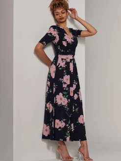 Jolie Moi Occasion Dresses|Floral Dresses-Kenzie Half Sleeve Jersey Maxi Dress, Navy Floral