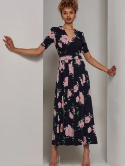 Jolie Moi Occasion Dresses|Floral Dresses-Kenzie Half Sleeve Jersey Maxi Dress, Navy Floral