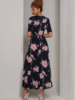 Jolie Moi Occasion Dresses|Floral Dresses-Kenzie Half Sleeve Jersey Maxi Dress, Navy Floral