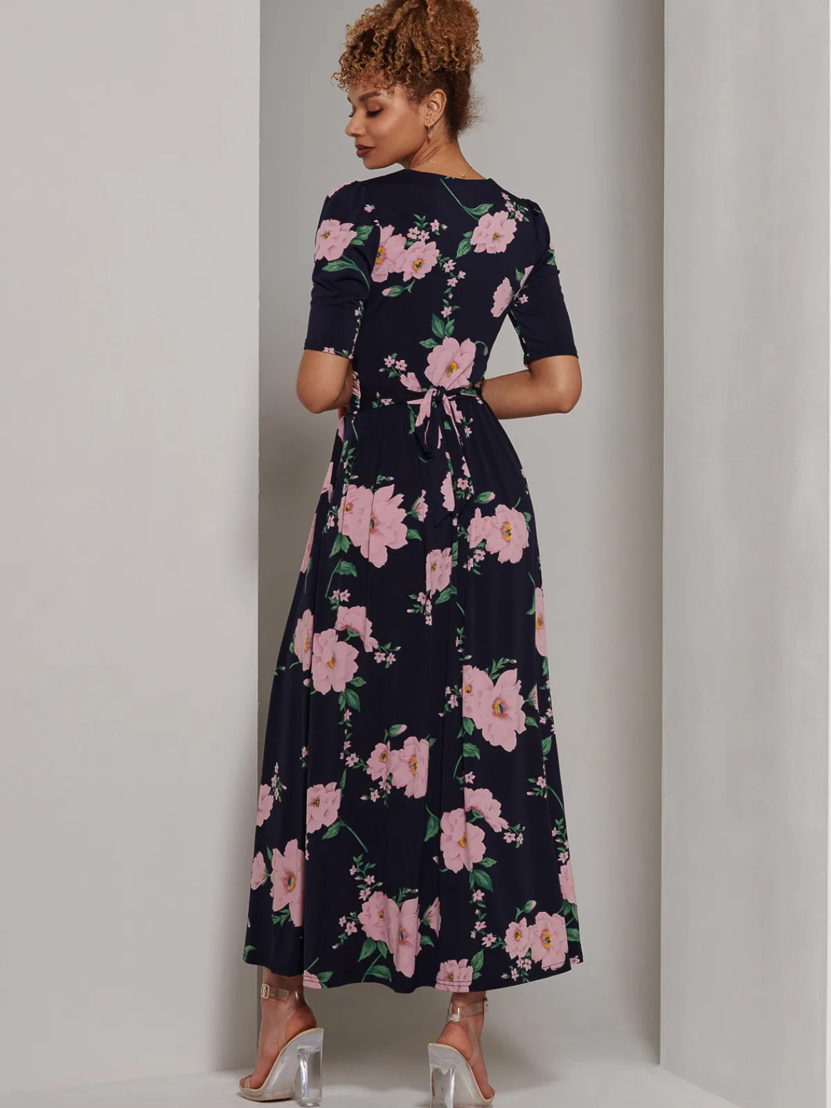 Jolie Moi Occasion Dresses|Floral Dresses-Kenzie Half Sleeve Jersey Maxi Dress, Navy Floral