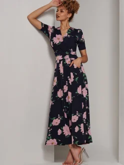 Jolie Moi Occasion Dresses|Floral Dresses-Kenzie Half Sleeve Jersey Maxi Dress, Navy Floral