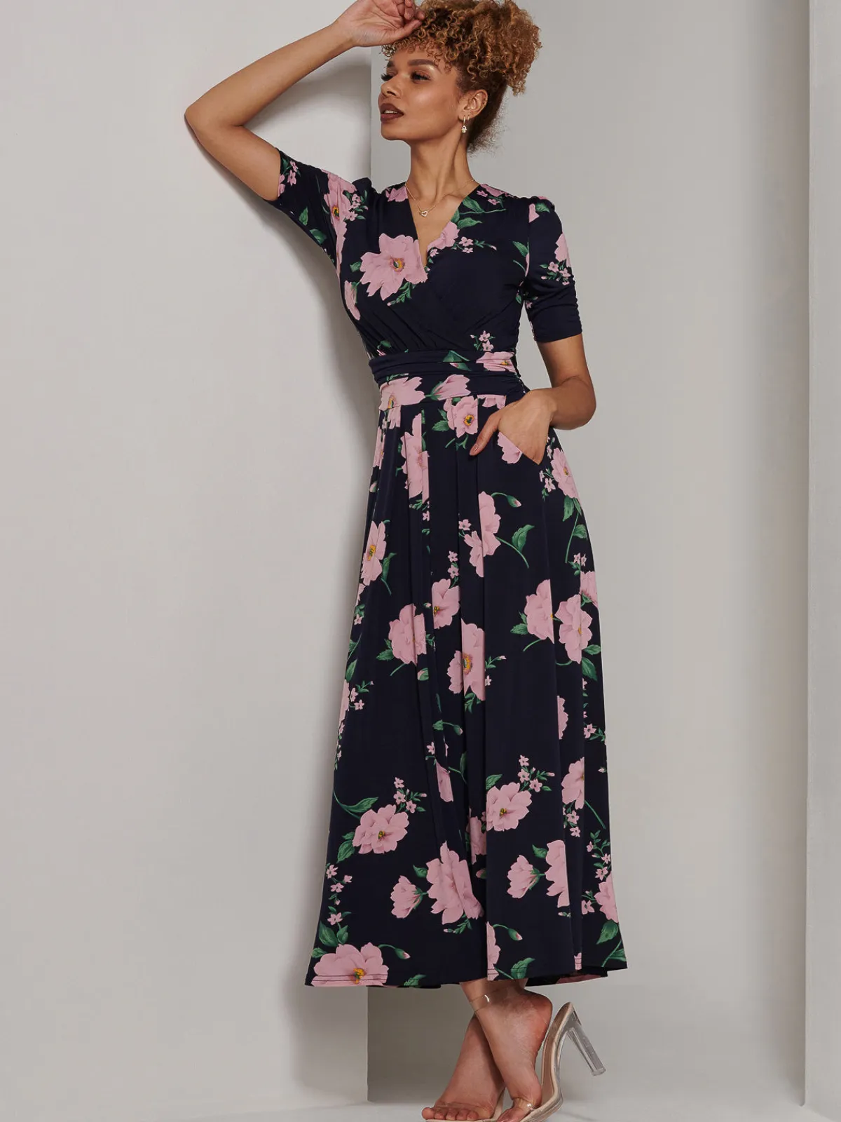 Jolie Moi Occasion Dresses|Floral Dresses-Kenzie Half Sleeve Jersey Maxi Dress, Navy Floral