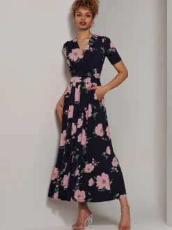 Jolie Moi Occasion Dresses|Floral Dresses-Kenzie Half Sleeve Jersey Maxi Dress, Navy Floral