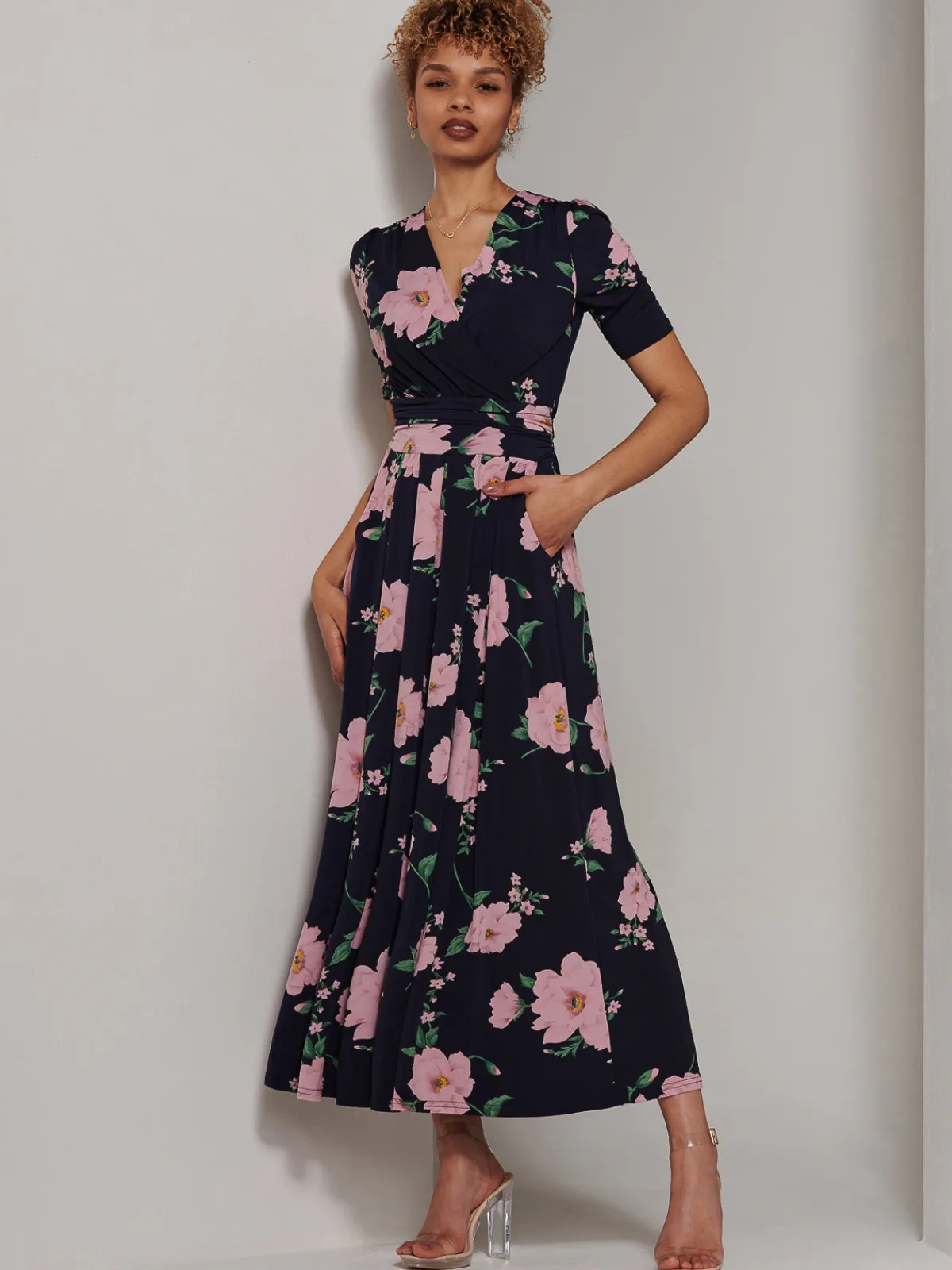 Jolie Moi Occasion Dresses|Floral Dresses-Kenzie Half Sleeve Jersey Maxi Dress, Navy Floral