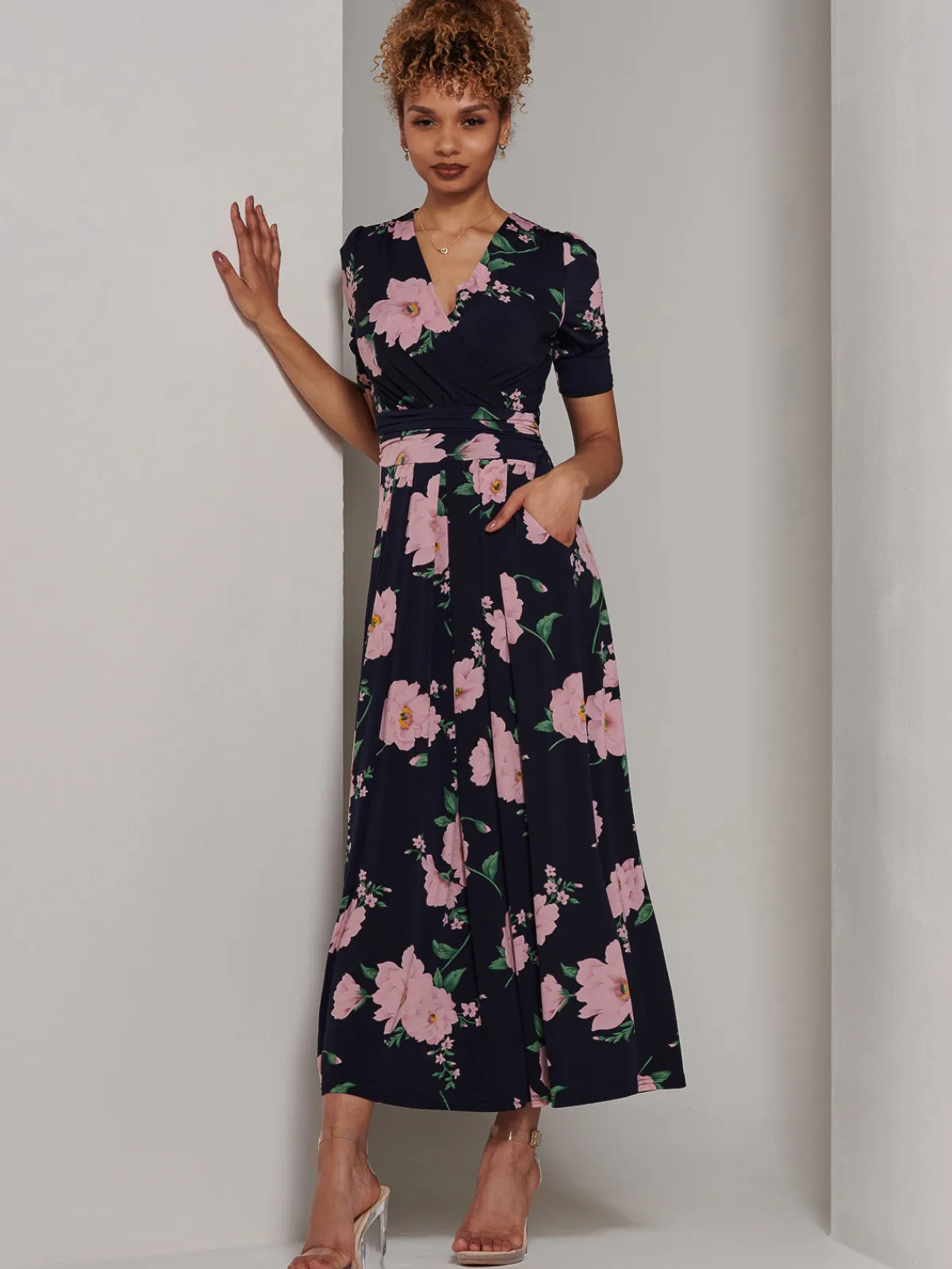 Jolie Moi Occasion Dresses|Floral Dresses-Kenzie Half Sleeve Jersey Maxi Dress, Navy Floral