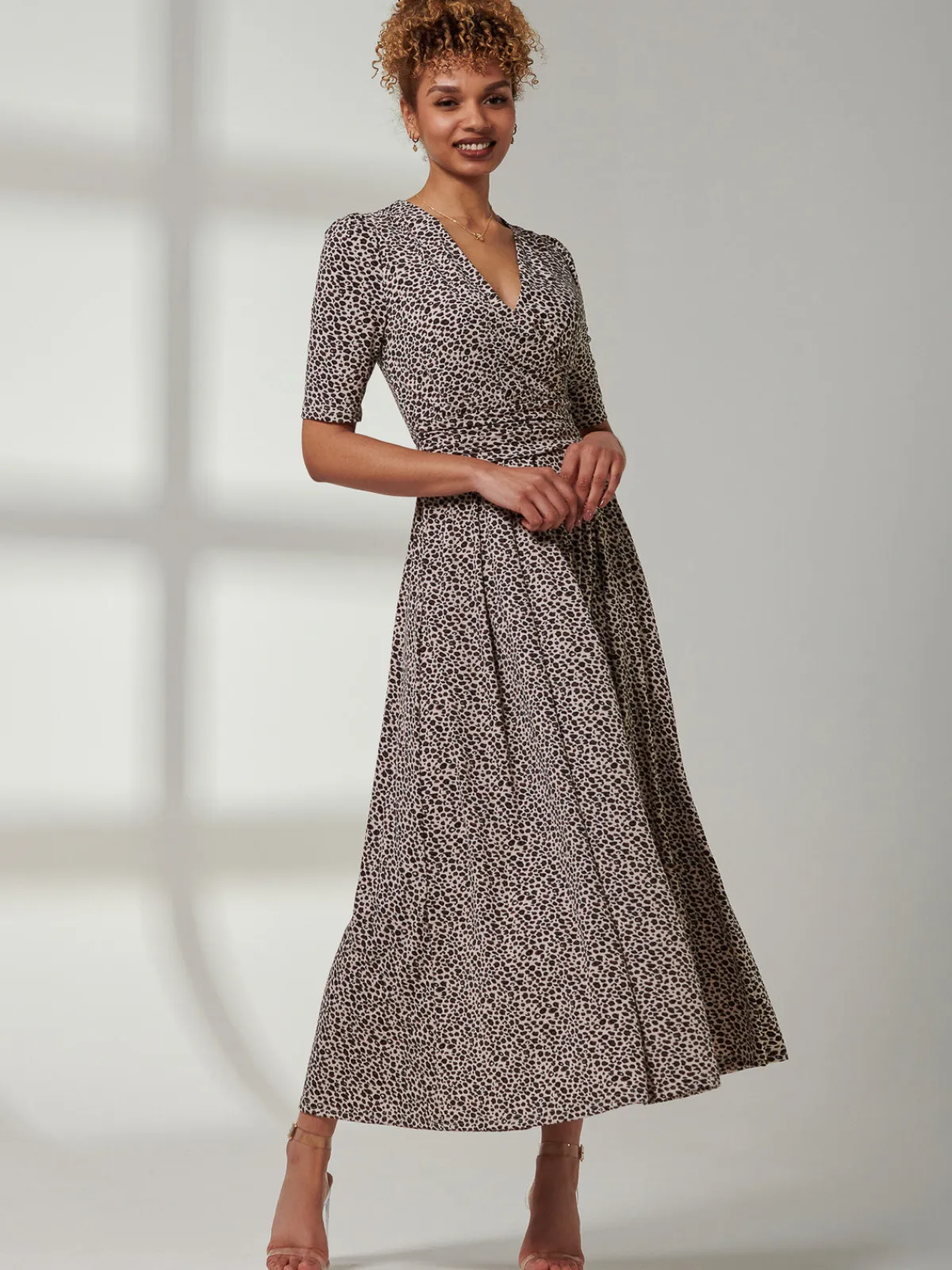 Jolie Moi Occasion Dresses|Animal Print Dresses-Kenzie Half Sleeve Jersey Maxi Dress, Neutral Animal