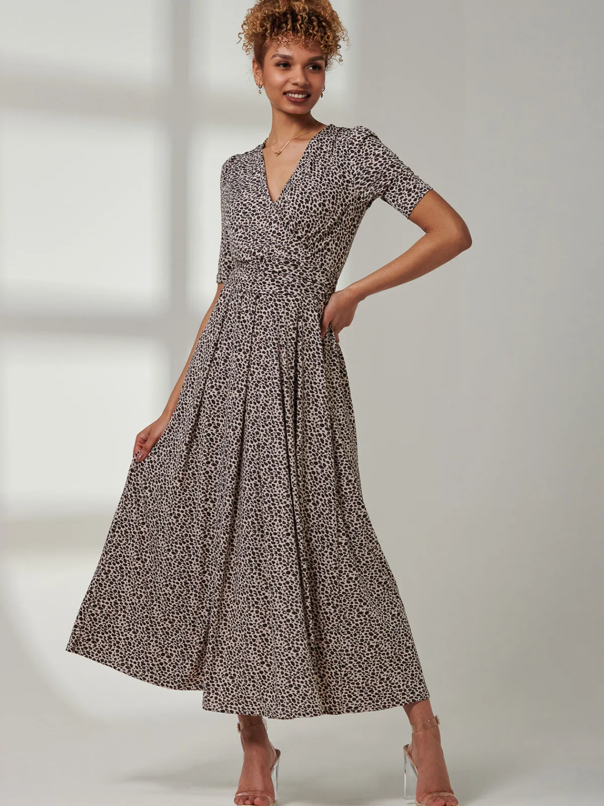 Jolie Moi Occasion Dresses|Animal Print Dresses-Kenzie Half Sleeve Jersey Maxi Dress, Neutral Animal