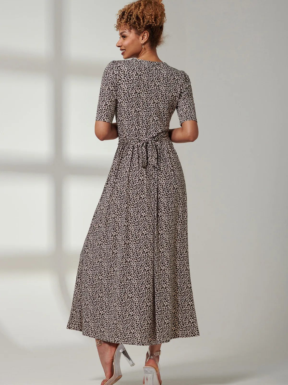 Jolie Moi Occasion Dresses|Animal Print Dresses-Kenzie Half Sleeve Jersey Maxi Dress, Neutral Animal