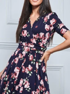 Jolie Moi Occasion Dresses|Floral Dresses-Kiera Wrap Front Maxi Dress, Navy Floral