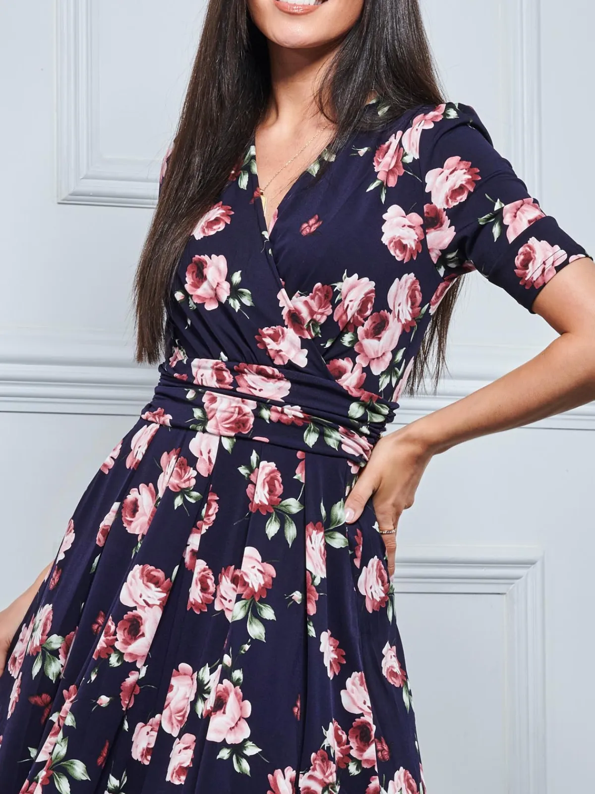 Jolie Moi Occasion Dresses|Floral Dresses-Kiera Wrap Front Maxi Dress, Navy Floral