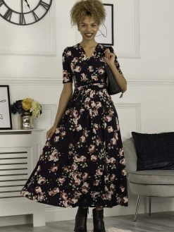 Jolie Moi Occasion Dresses|Floral Dresses-Kiera Wrap Front Maxi Dress, Navy Floral