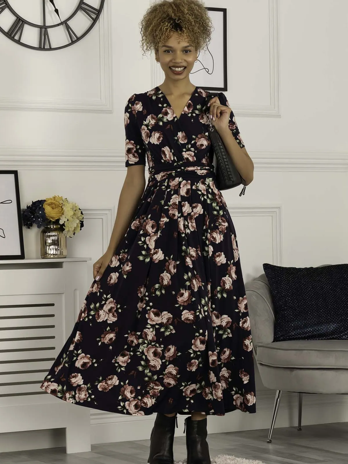 Jolie Moi Occasion Dresses|Floral Dresses-Kiera Wrap Front Maxi Dress, Navy Floral