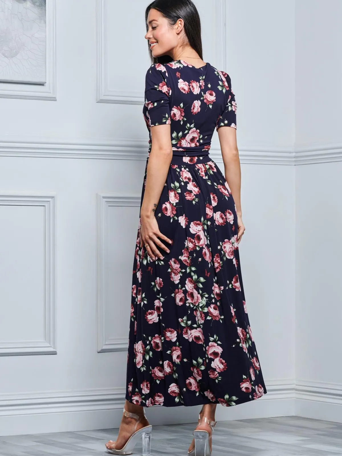 Jolie Moi Occasion Dresses|Floral Dresses-Kiera Wrap Front Maxi Dress, Navy Floral