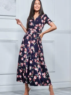 Jolie Moi Occasion Dresses|Floral Dresses-Kiera Wrap Front Maxi Dress, Navy Floral