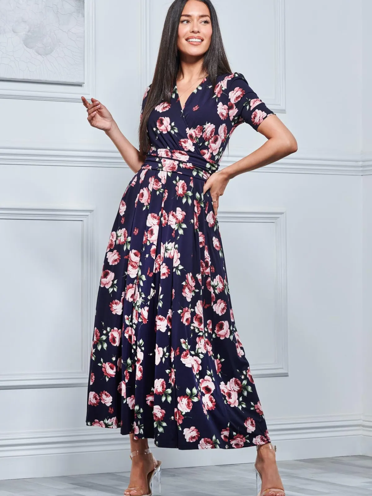 Jolie Moi Occasion Dresses|Floral Dresses-Kiera Wrap Front Maxi Dress, Navy Floral